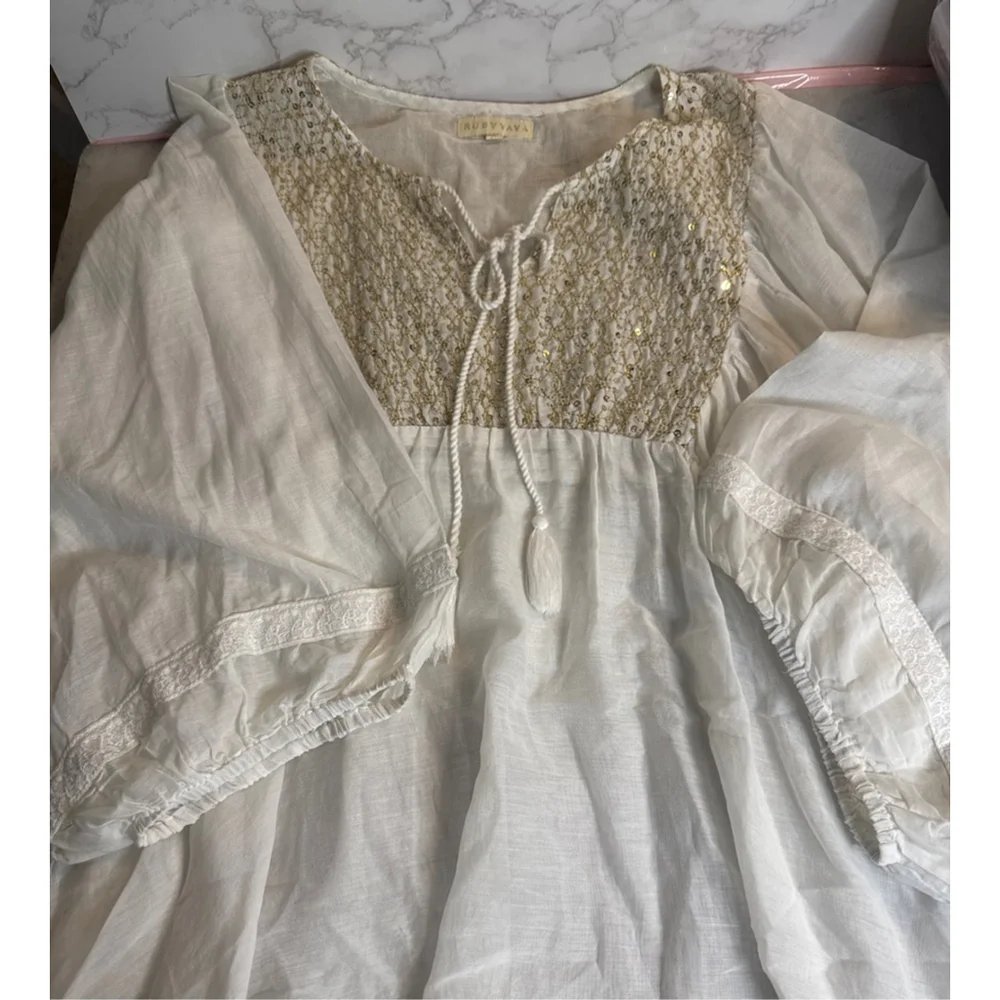 Women's Ruthyava Off-White Gold Sequin Bohemian Blouse - Picture 3 of 3
